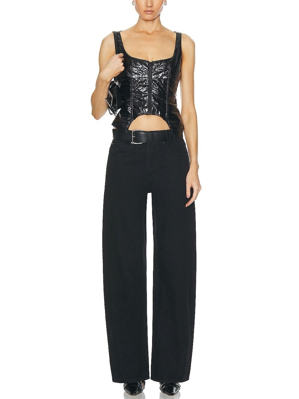Alexander Wang Leather Belted Balloon Barrel Wide-Leg Jeans Black Grunge 90s New